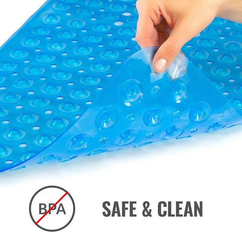 HealthSmart Bath Mat Extra Large No Slip Shower & Bathtub Mat with Suction Cups and Drain Holes for Anti-slip Grip, Machine Washable, Extra Large, 40 x 15.5, Blue